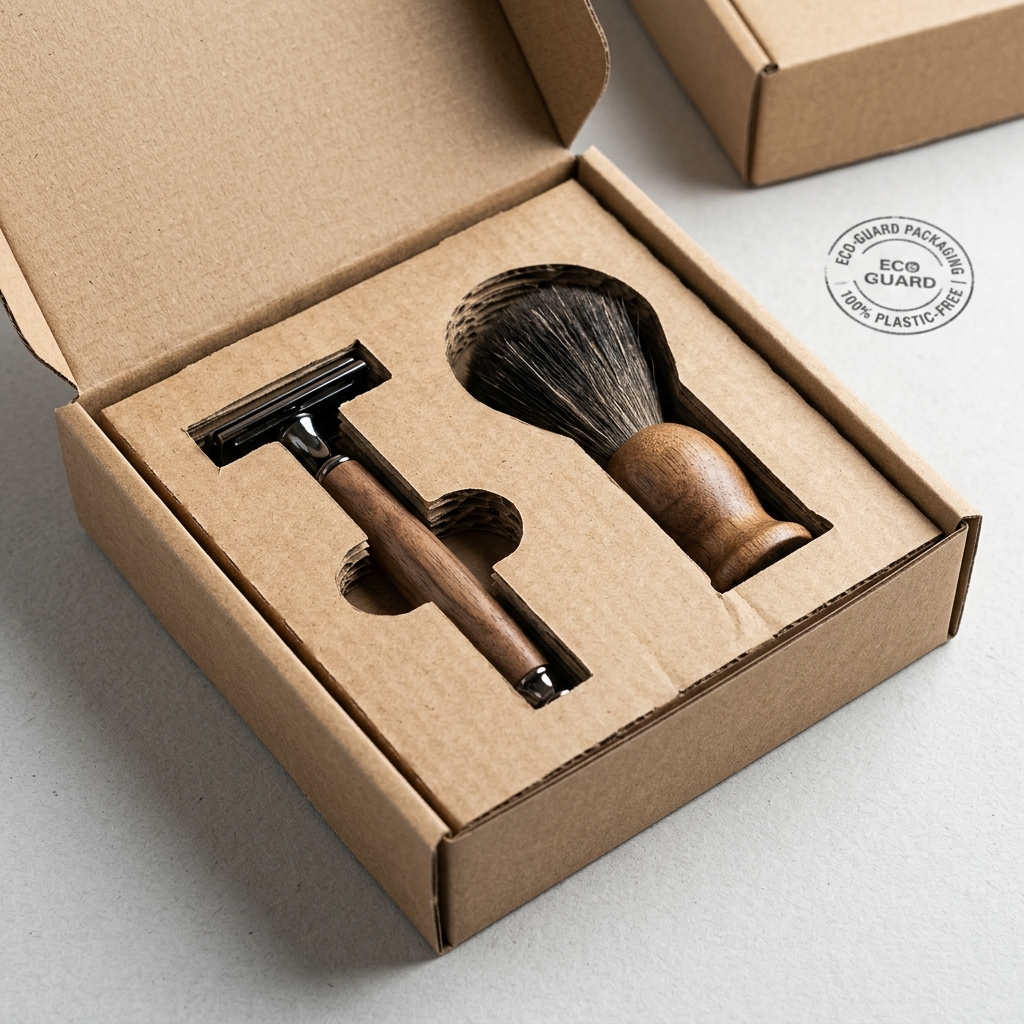 Sustainable plastic-free corrugated inner tray for a premium shaver gift set showing precision die-cut compartments. - 1