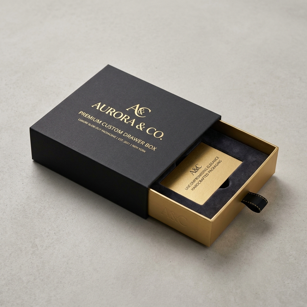 A premium navy blue drawer rigid box with gold foil stamping and a silk ribbon pull-out tab. - 1