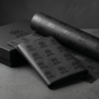 Premium Black Exclusive UV Tissue Paper with Repeat Logo | Custom Spot UV Packaging