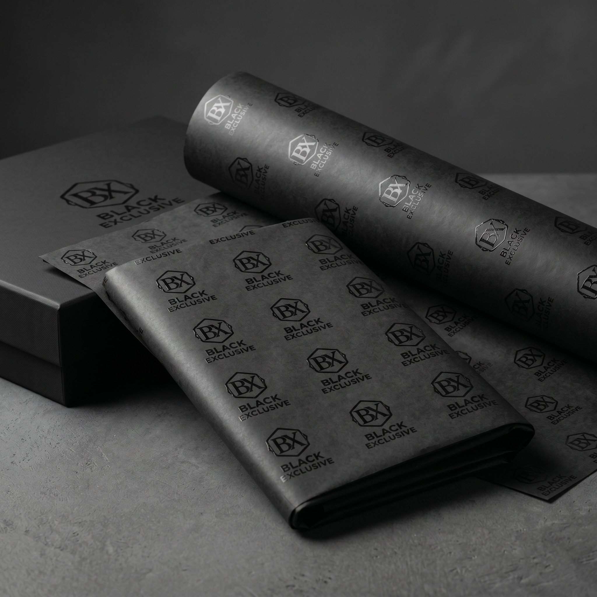 Premium Black Exclusive UV Tissue Paper with Repeat Logo | Custom Spot UV Packaging